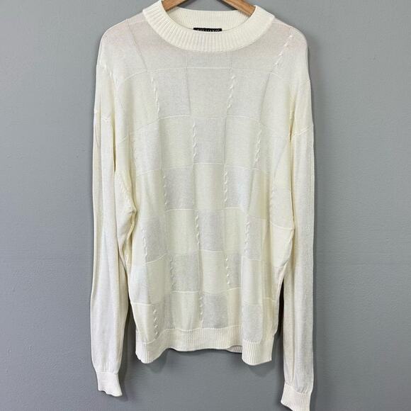 Vintage 90s Tulliano Ivory Knit Sweater Size XL Crew Neck Pullover Checkerboard - Picture 1 of 9